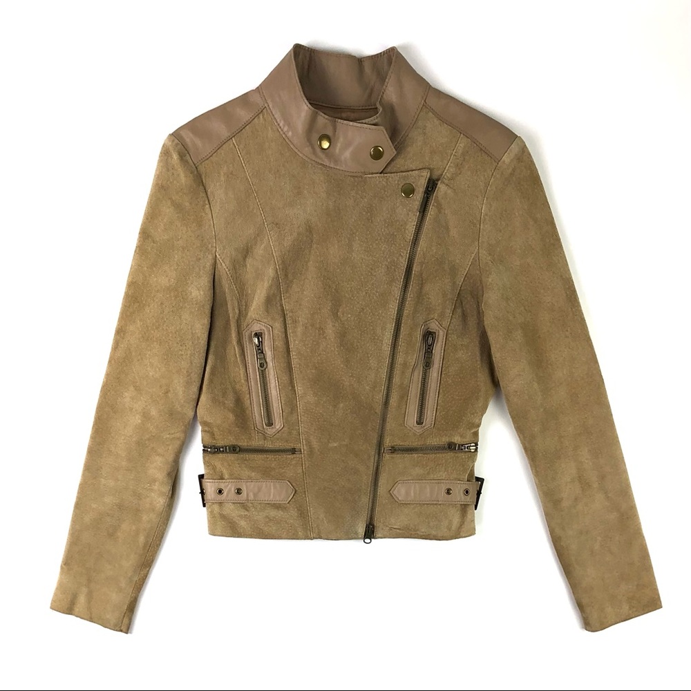 Bebe Genuine Suede Nutmeg Leather Zip Moto Jacket